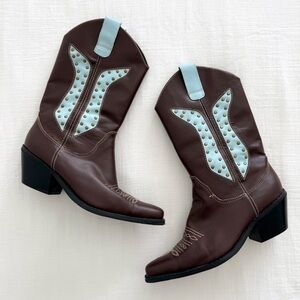 brown and blue studded leather cowboy boots
